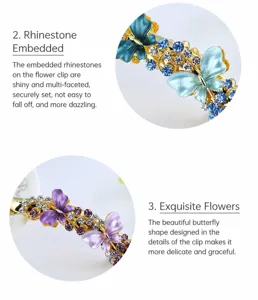 Rhinestone butterfly hair clip detail close-up, elegant alloy crystal hair accessory for women.