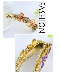 Detailed view of gold alloy banana hair clip with rhinestones and butterfly decorations.