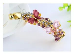 Elegant alloy butterfly banana hair clip with colorful rhinestones for daily hair styling.