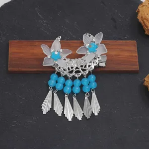 Traditional Chinese style floral crescent tassel hair clip ethnic hair accessory for women
