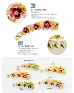 Rhinestone enamel flower banana clip detail showing exquisite alloy design and secure grip.