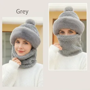Gorro de invierno de felpa con bufanda y máscara integradas, antiviento y cálido para mujeres.