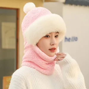 Mujer invierno caluroso sombrero de felpa pasamontañas rosa grueso suave orejeras