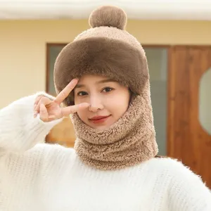 Mujer invierno cálido felpa sombrero bufanda integrada grueso antiviento orejeras gorro