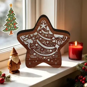 Wooden Christmas star tree decoration detail shot, warm festive windowsill holiday display.