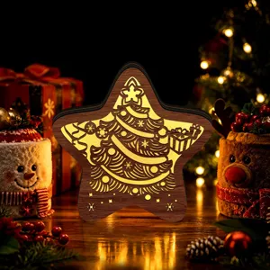 LED glowing wooden Christmas star ornament, hollow carved tabletop night light holiday decor.