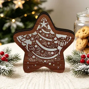 Wooden star Christmas tree ornament with glitter tabletop decor for holiday party.