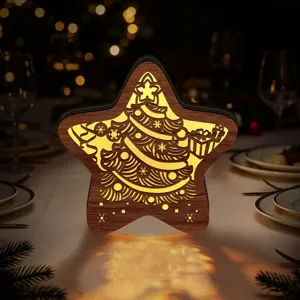 LED wooden Christmas star ornament table decor with warm glowing tree cutout design