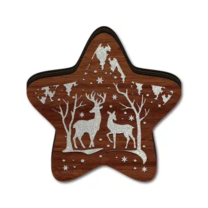 Wooden star Christmas coaster set with silver glitter deer and forest design, festive decor.