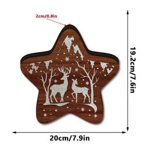 Detailed view of the layered wooden star ornament featuring a glowing deer and forest design.