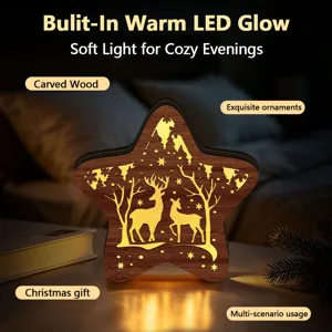 Wooden LED carved star light with cozy warm glow, perfect Christmas ornament for desktop decor.
