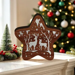 Wooden Christmas Star Ornament with Deer Desktop Holiday Glowing Decoration Tabletop Centerpiece