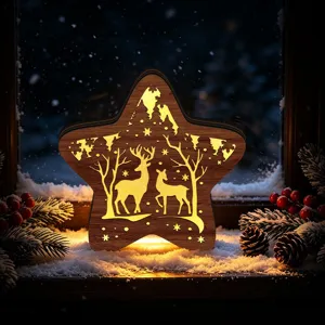 Wooden LED star Christmas ornament featuring a hollow deer scene, glowing warm festive tabletop light.