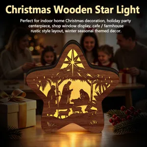 LED wooden Christmas star light, glowing Nativity scene tabletop decor for holiday party.