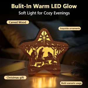 Exquisite wooden star night light featuring nativity scene details with warm LED glow.