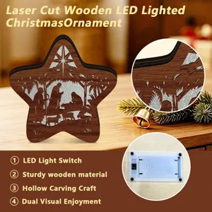 Detail view of the laser cut wooden LED Christmas ornament with hollow carving and battery box.