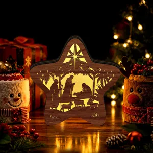 Wooden star LED night light detail, Christmas nativity scene hollow design for warm holiday decor.