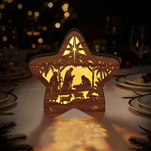 Wooden Christmas star LED night light, hollow carved nativity scene tabletop decoration.