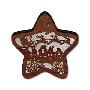 Wooden Christmas star ornament with LED cutout Santa and reindeer design for festive holiday decor.