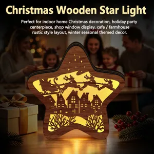 Detailed view of wooden Christmas star light with warm LED glow and festive holiday decor.