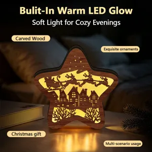 Detailed view of wooden Christmas star night light with warm LED glow and carved scenes.