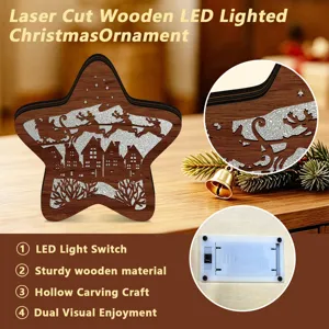Laser cut wooden LED lighted Christmas ornament, hollow carving tabletop decor for holiday.
