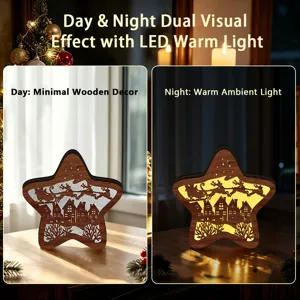 LED wooden Christmas star night light, rustic holiday desktop decoration with warm glow.
