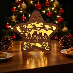 Wooden star Christmas LED light detail, glowing holiday silhouette decoration for desktop.