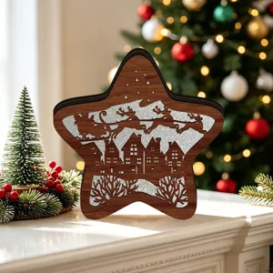 Detailed view of wooden Christmas star decor featuring hollow-out reindeer and village silhouette.