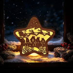 Detailed view of a glowing wooden star Christmas ornament with reindeer silhouette.