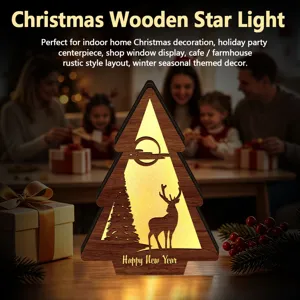 LED wooden Christmas tree light detail showing warm glow, deer silhouette and festive decor.