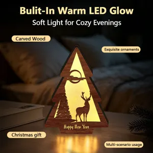 Wooden Christmas tree LED light ornament, desktop decor for cozy holiday home lighting.