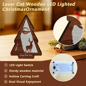Wooden LED Christmas tree ornament with laser cut hollow design for holiday desktop decor.