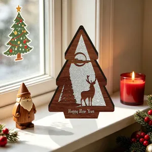 Wooden Christmas tree LED lighted desktop ornament festive holiday home decor reindeer design