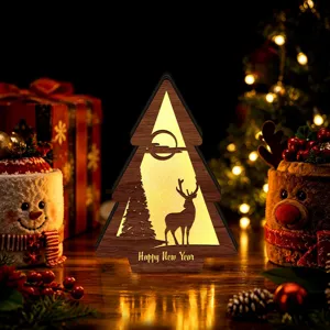 LED wooden Christmas tree ornament with glowing reindeer silhouette for holiday desktop decor