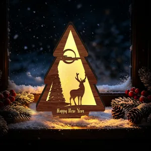 LED Wooden Christmas Tree Light with Deer Pattern Festive Desktop Ornament Home Decor