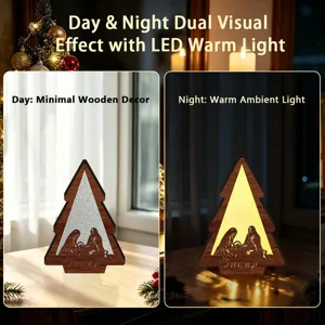 LED wooden Christmas tree night light with Nativity scene design, dual day and night visual effects.