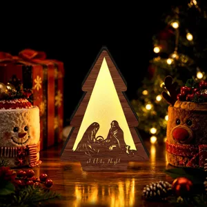 LED glowing wooden Christmas tree ornament Nativity scene desktop decoration warm night light
