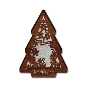 Wooden Christmas tree LED ornament, hollow cutout design, desktop holiday decoration detail.