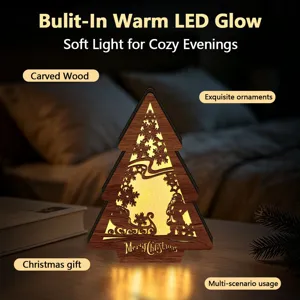 Wooden LED Christmas tree decor, glowing night light ornament for holiday desktop setup.