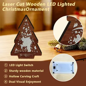 Close-up detail of laser cut wooden LED lighted Christmas tree ornament with hollow carving.