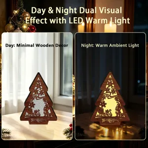LED wooden Christmas tree decor light, day and night dual visual effect warm ambient lighting.