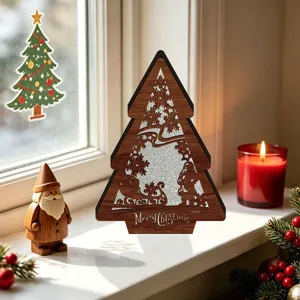 Wooden LED Christmas tree decor detail, hollow design with Santa and snowflake motifs for holidays.