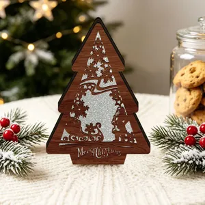 Illuminated wooden Christmas tree tabletop decor featuring LED lights and glitter for holiday display.