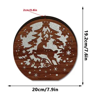 Wooden LED Christmas deer ornament detail view, showing hollow-carved snowflake patterns and size.