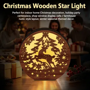 Christmas wooden star light LED glowing deer hollow desktop ornament holiday home decor.