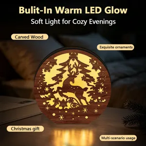 Wooden Christmas LED light ornament, carved reindeer and pine trees, cozy desktop decor.