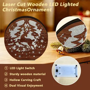 Laser cut wooden LED lighted Christmas ornament, desktop decor with hollow carving craft.
