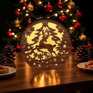 Wooden LED Christmas decorative night light featuring deer and snowflake hollow design for festive desktop.