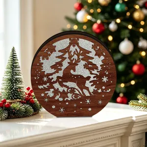 Exquisite wooden Christmas LED glowing deer ornament detail shot, festive desktop decor setting.